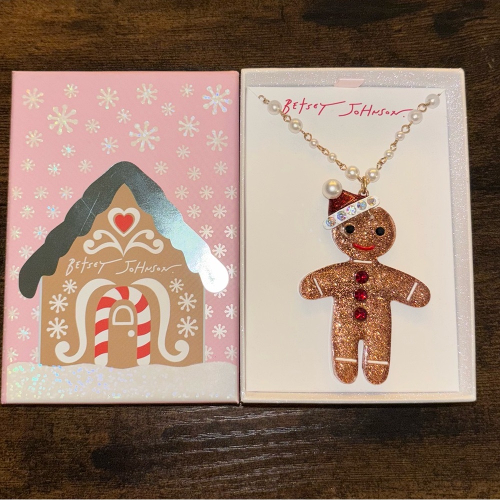 Betsey Johnson Glittery Gingerbread Man Necklace - Brown and Red